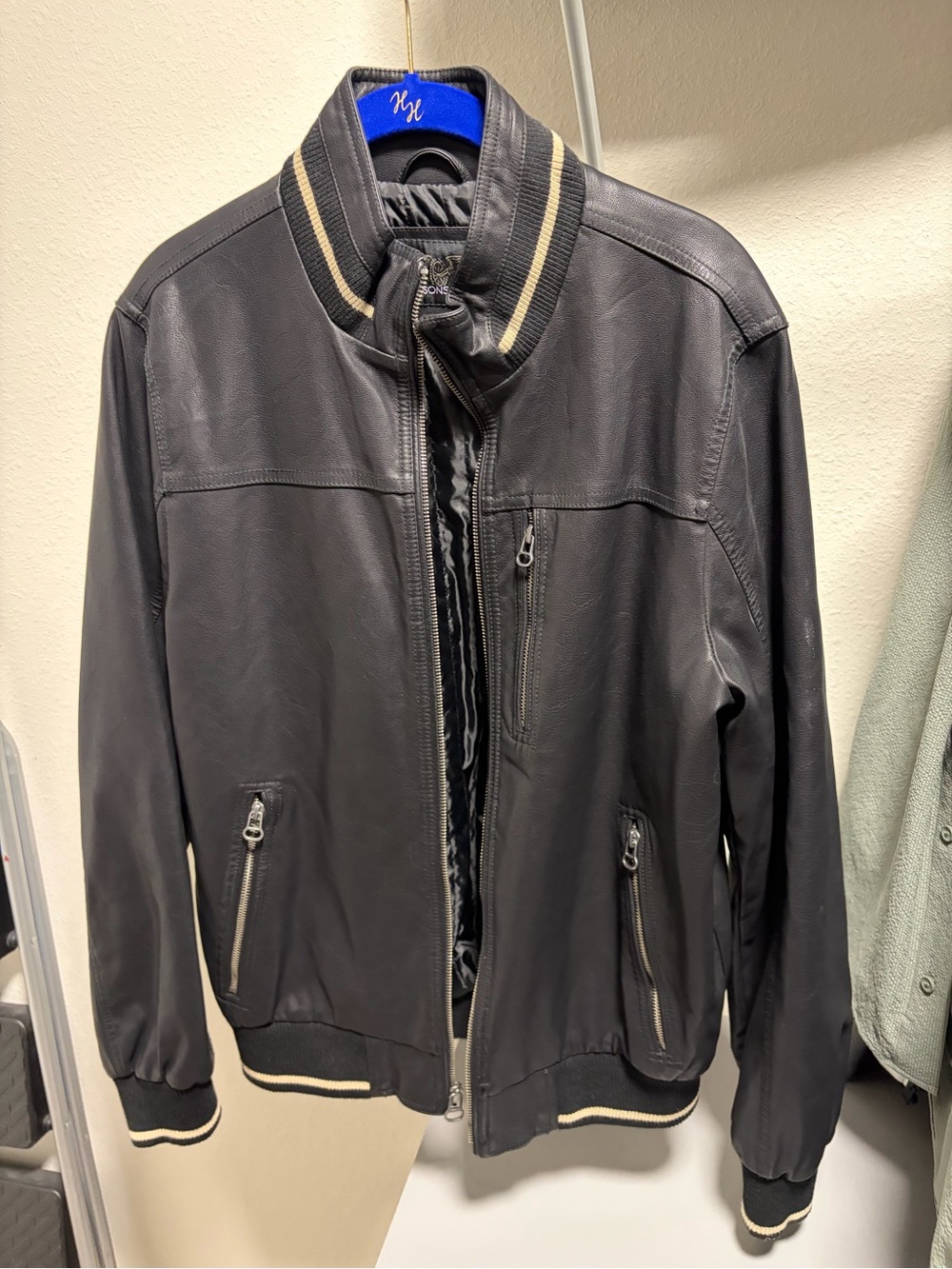 Wilsons Leather Black Leather Bomber Jacket with Cream Stripe Trim